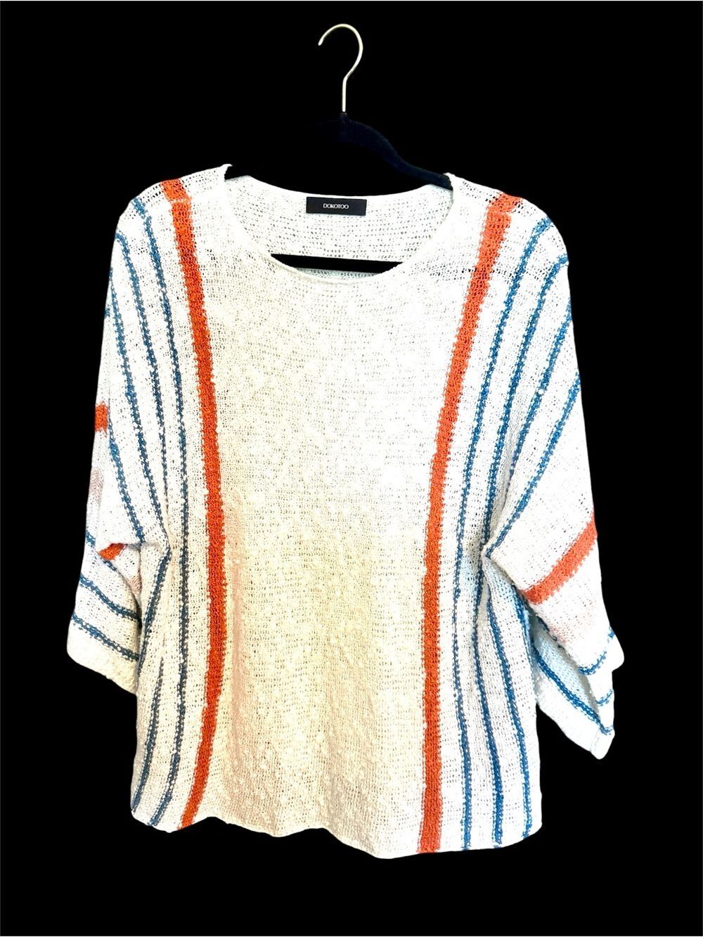 Women’s Open Knit Crewneck Sweater with Blue and Orange Stripes-Size Large